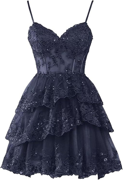 Navy Homecoming Dresses for Teens Tulle Lace Applique Tiered A-line Formal Short Mini Prom Dress