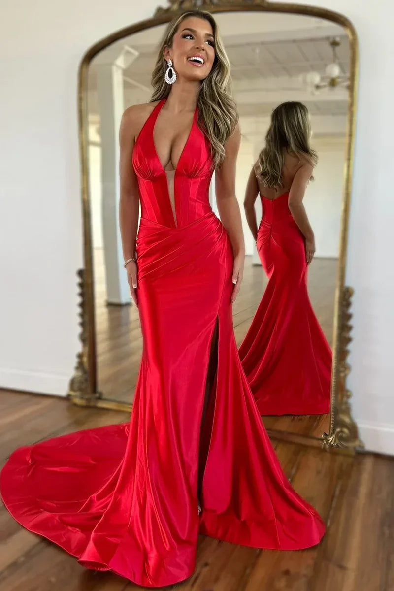 Navy Satin Halter Prom Dress with Fitted Mermaid Shape and Slit Detail