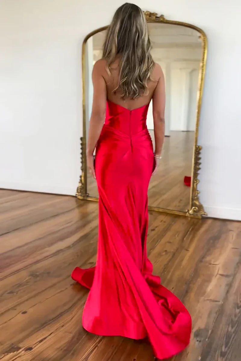 Navy Satin Halter Prom Dress with Fitted Mermaid Shape and Slit Detail