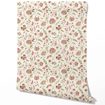 Floral/ Botanical Patterned Traditional Wallpaper (Red/ Green/ Soft Taupe)