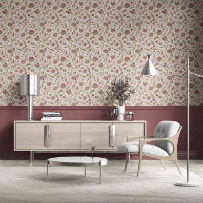 Floral/ Botanical Patterned Kitchen Wallpaper (Red/ Green/ Soft Taupe)