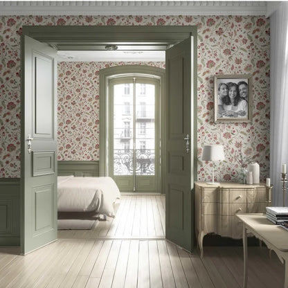 Floral/ Botanical Patterned Living Room Wallpaper (Red/ Green/ Soft Taupe)