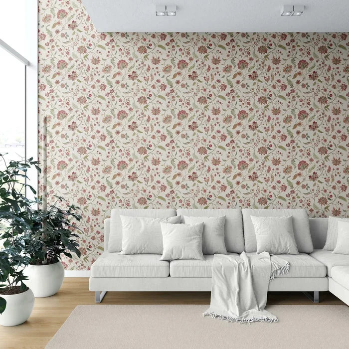 Floral/ Botanical Patterned Shower Toilet Wallpaper (Red/ Green/ Soft Taupe)
