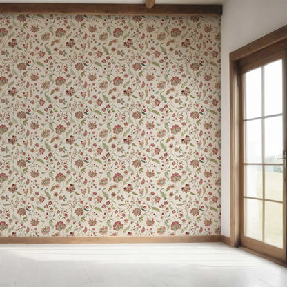 Floral/ Botanical Patterned Bedroom Wallpaper (Red/ Green/ Soft Taupe)