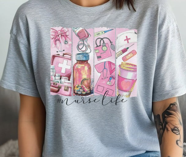Nurse life graphic tee featuring nurse items like syringes and scripts