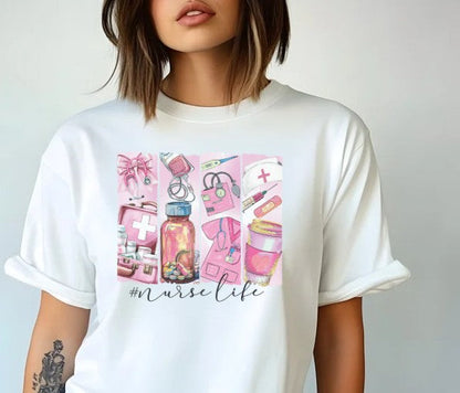 Funny nurse shirt with scrubs, stethoscope, and nurse life text