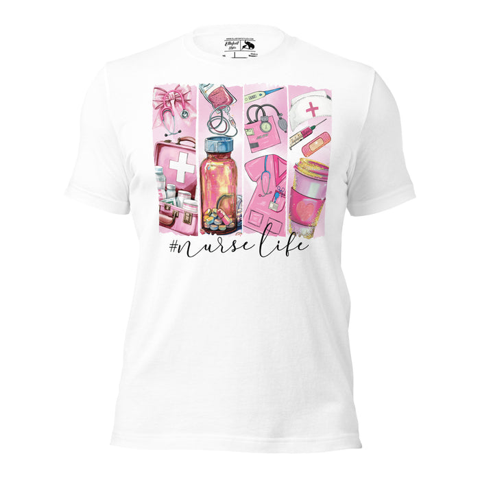 RN nurse shirt with nurse life brushstroke pattern and medical tools
