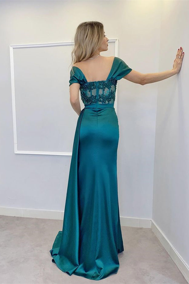 Ocean Blue Off-the-Shoulder Prom Dress with Appliques