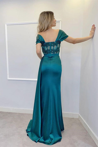 Ocean Blue Off-the-Shoulder Prom Dress with Appliques