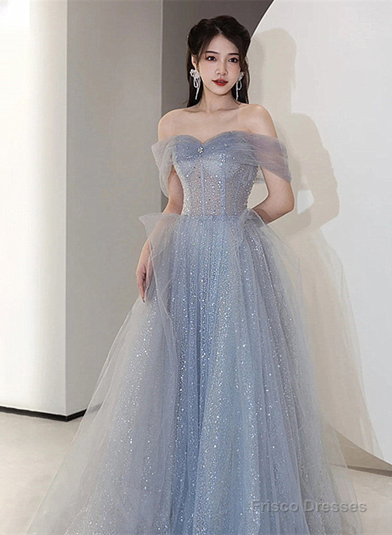 Off Shoulder Light Blue Tulle Long Party Dress, Shiny Tulle A-Line Prom Dress