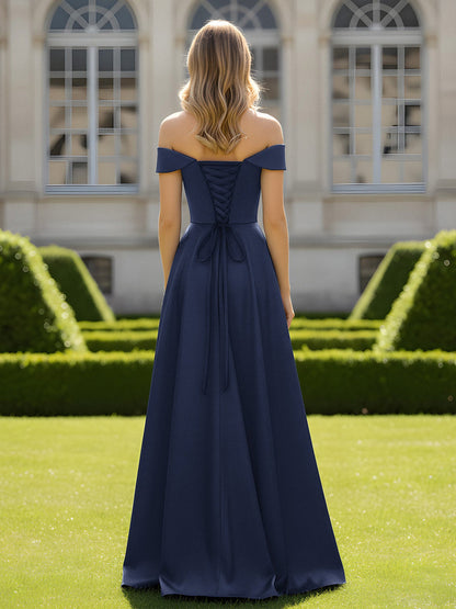 Off-The-Shoulder A-Line Satin Minimal Dress Dark Navy