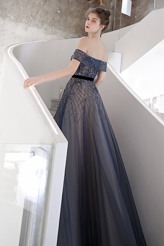 Off the Shoulder Beaded Blue Long Formal Dress