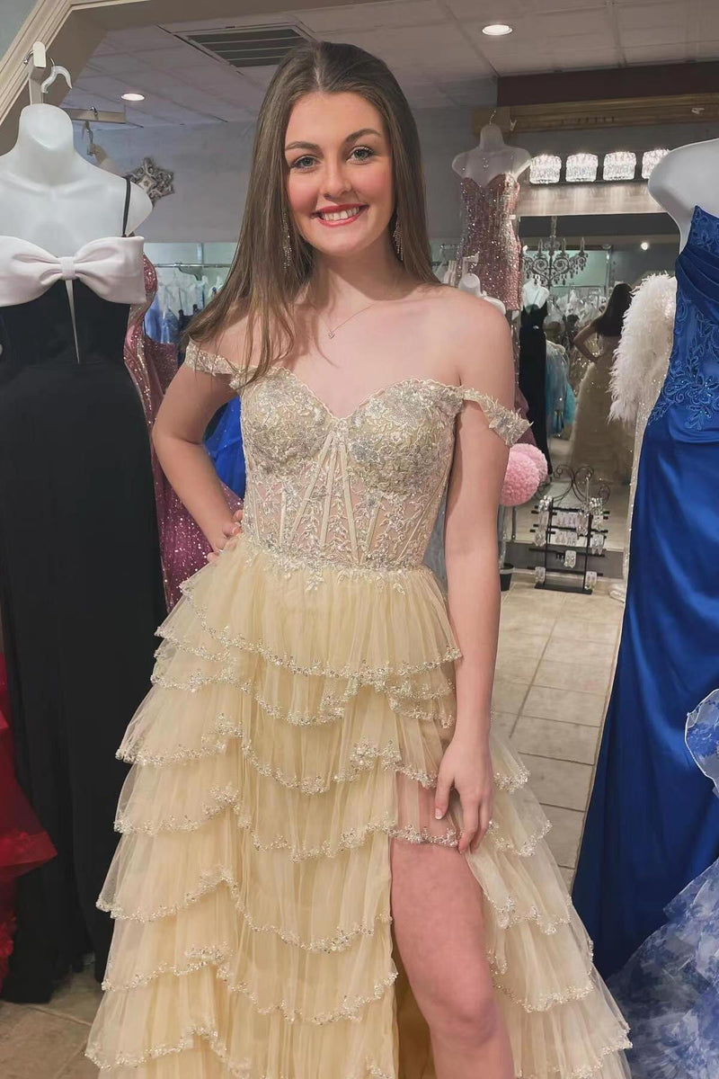 Off the Shoulder Beaded Ruffles Long Formal Dress