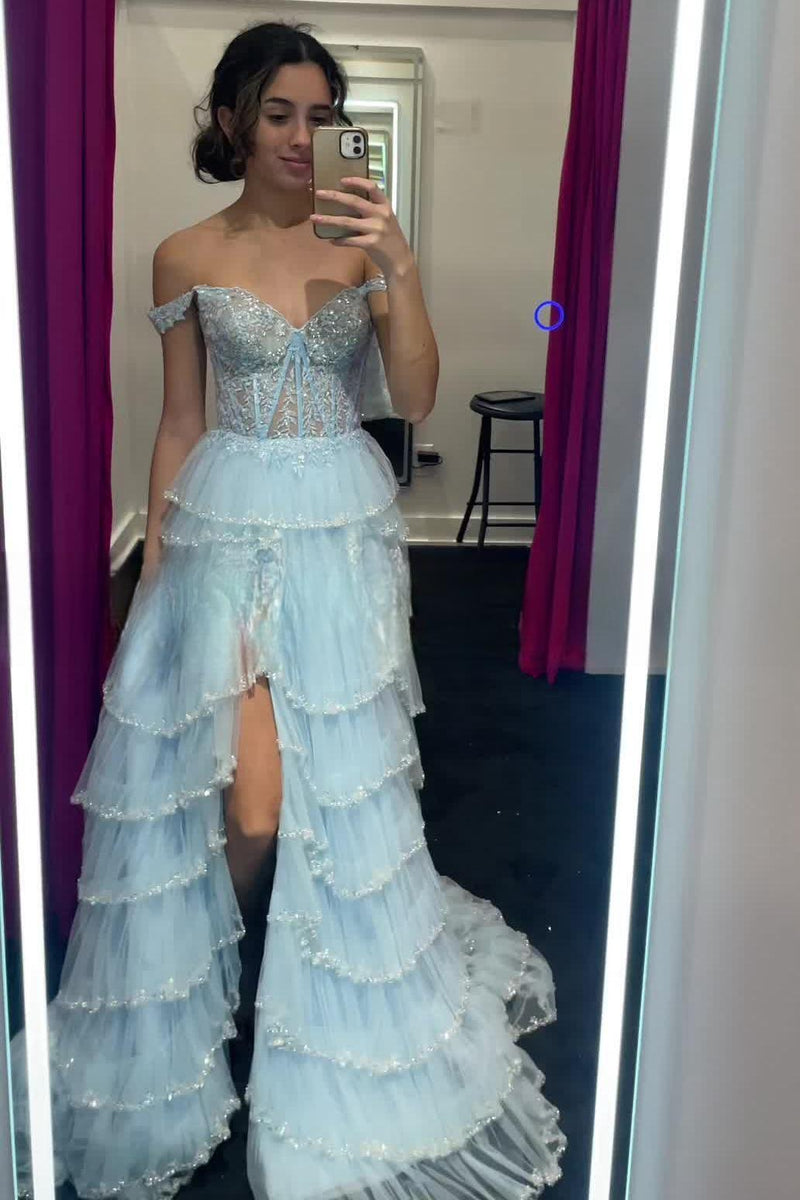 Off the Shoulder Beaded Ruffles Long Formal Dress