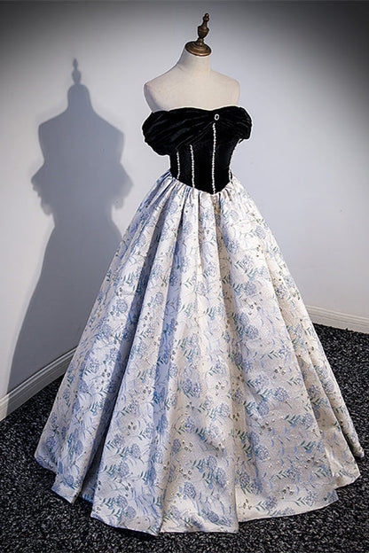 Off the Shoulder Black and Floral Long Formal Gown