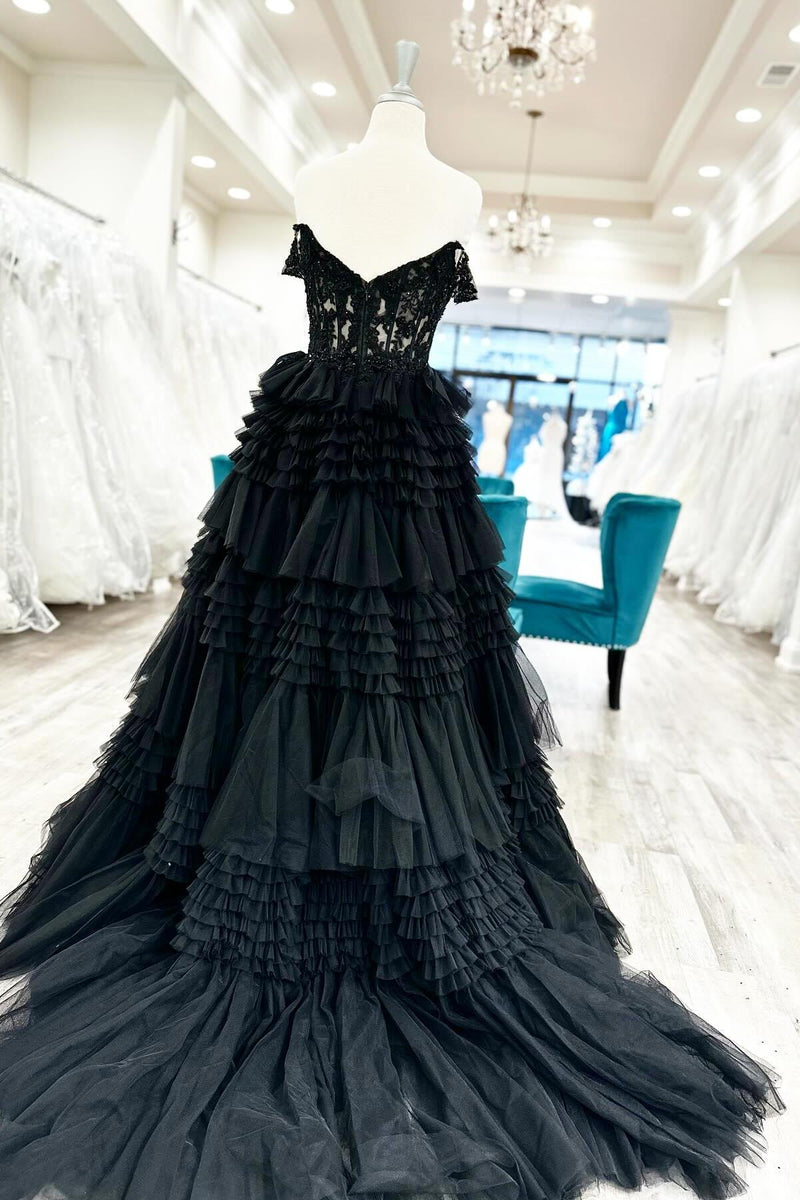 Off the Shoulder Black Lace Appliques Ruffles Long Formal Dress
