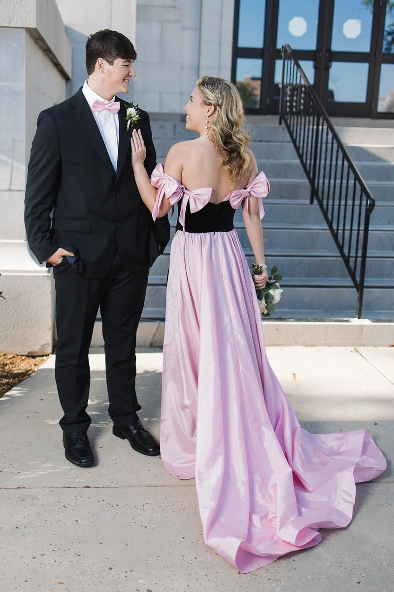 Off the Shoulder Black Long Formal Dress with Pink Bows