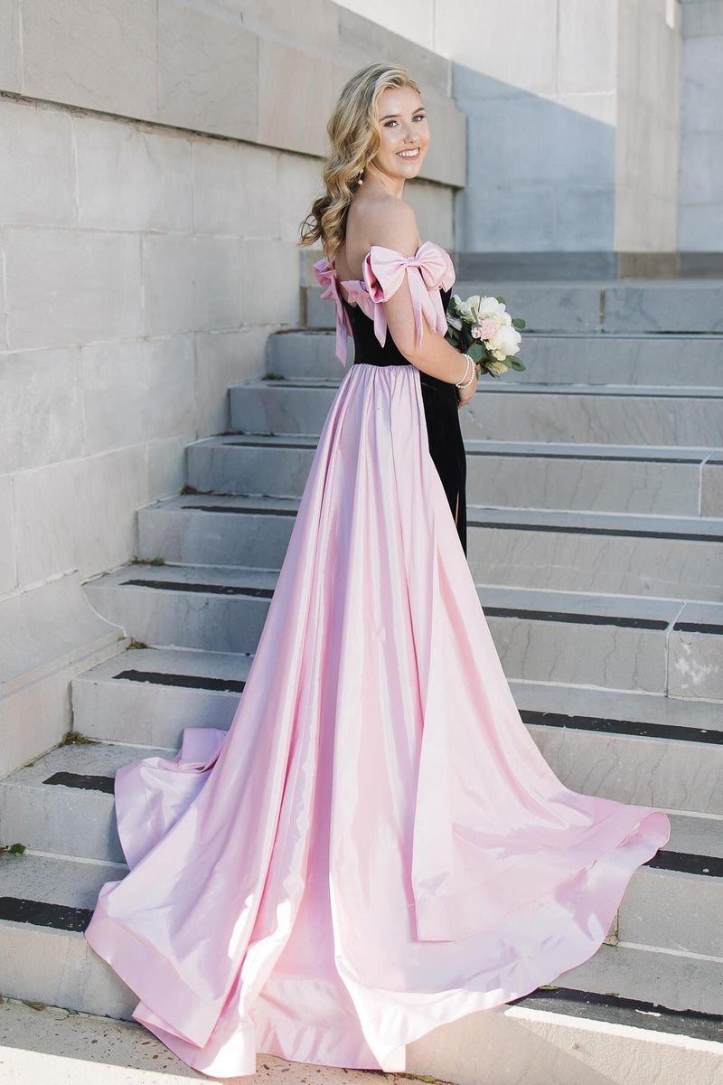 Off the Shoulder Black Long Formal Dress with Pink Bows