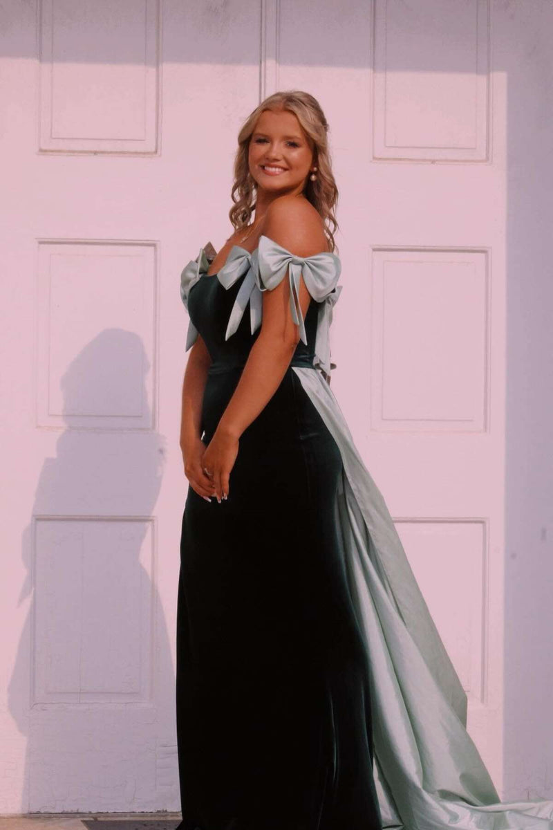 Off the Shoulder Black Long Formal Dress with Pink Bows