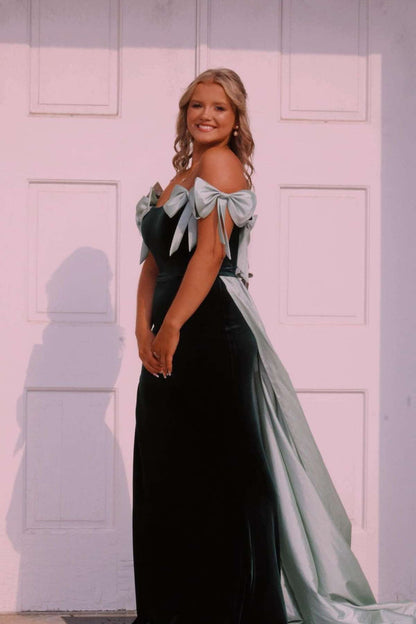 Off the Shoulder Black Long Formal Dress with Pink Bows