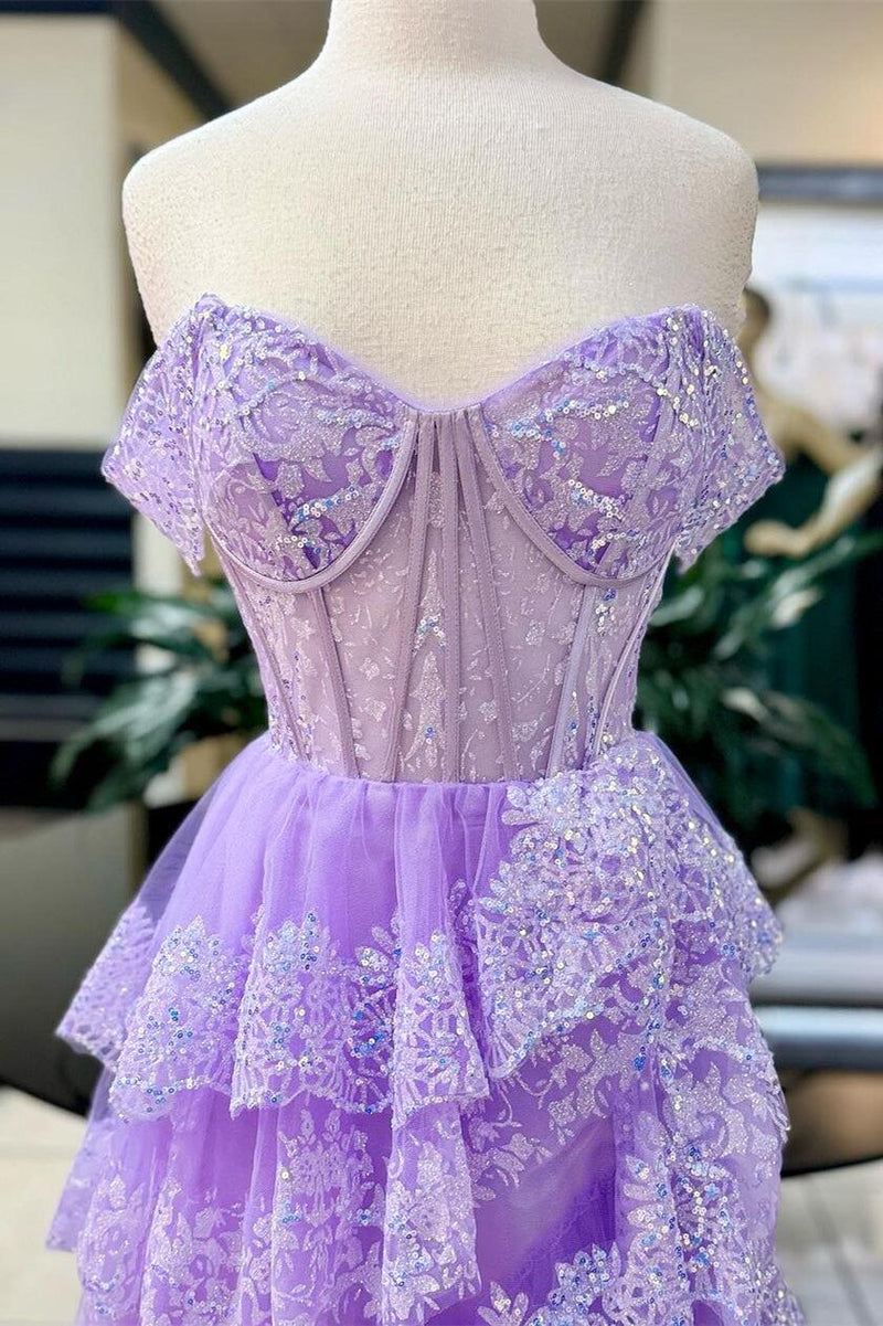 Off the Shoulder Blue Sequin Tulle Ruffles Gown