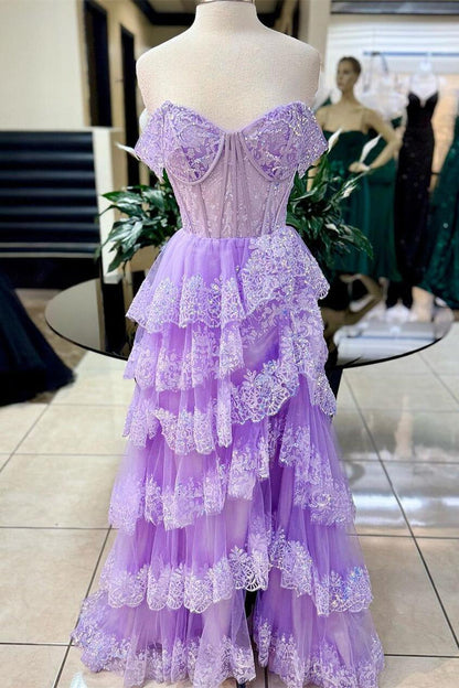 Off the Shoulder Blue Sequin Tulle Ruffles Gown