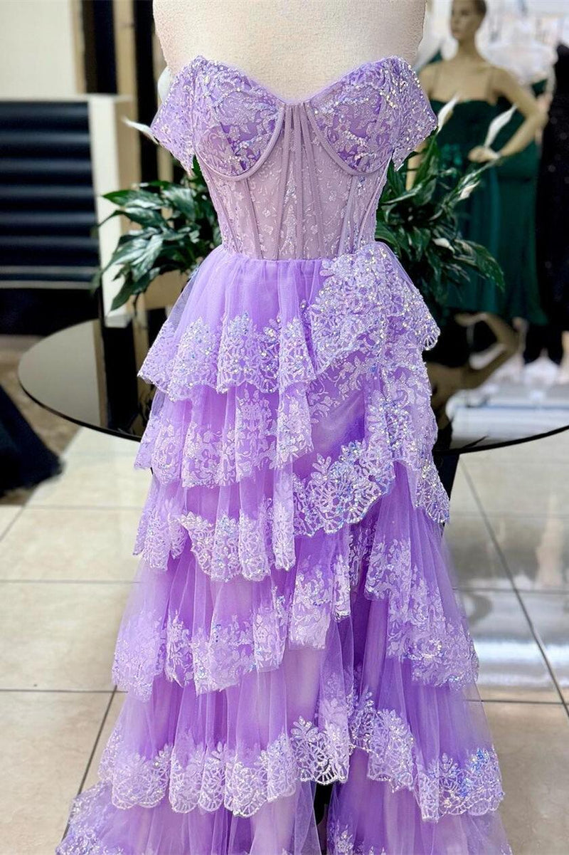 Off the Shoulder Blue Sequin Tulle Ruffles Gown