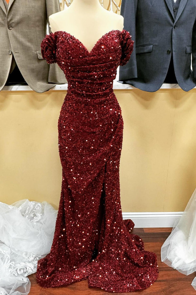 Off the shoulder Burgundy Sequin Mermaid Prom Dress
