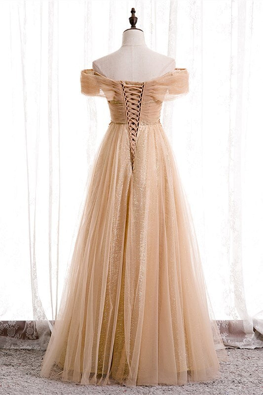 Off the Shoulder Champagne Long Formal Dress