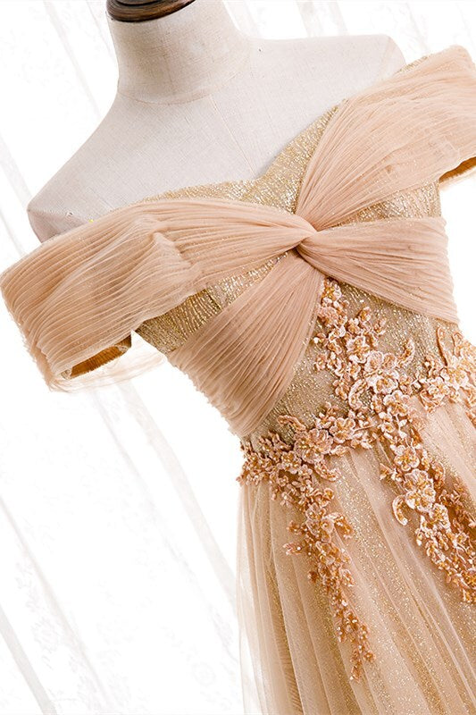 Off the Shoulder Champagne Long Formal Dress
