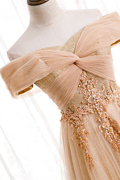 Off the Shoulder Champagne Long Formal Dress