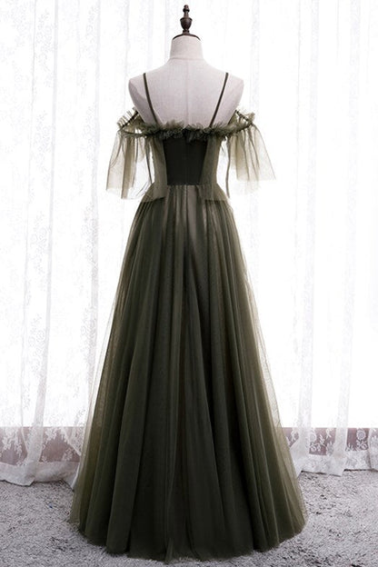 Off the Shoulder Dark Green Pleated Long Formal Dress