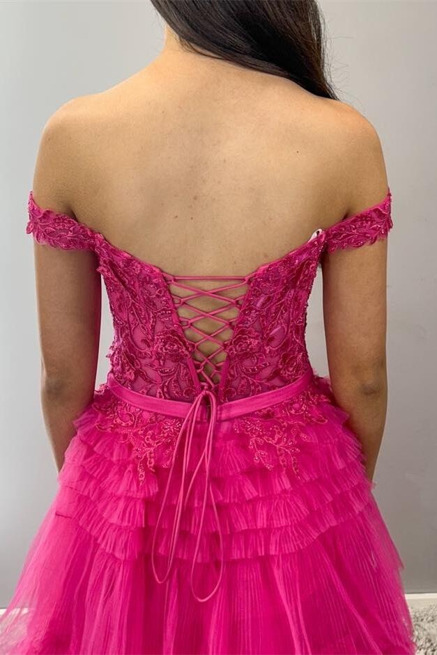 Off the Shoulder Fuchsia Appliques Tiered Ruffles Gown