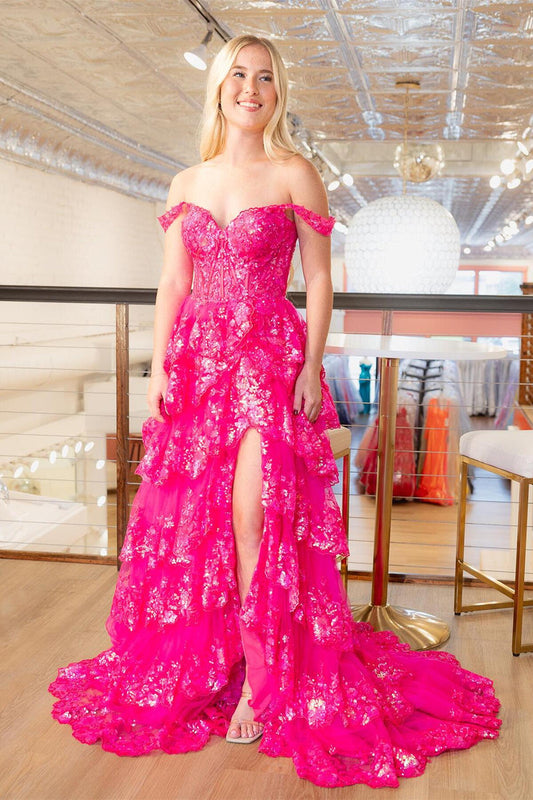 Off the Shoulder Fuchsia Tulle Sequin Prom Dress