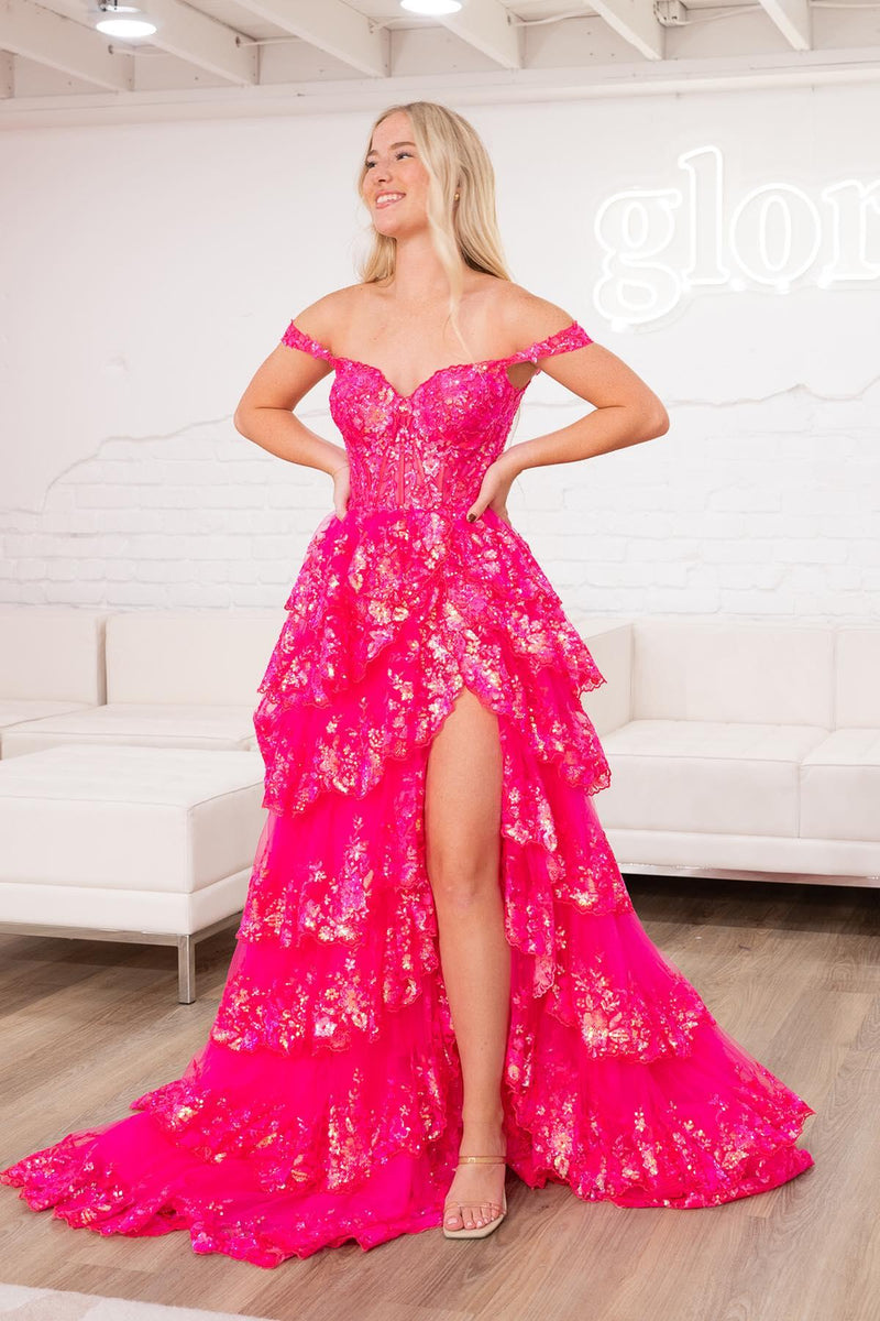 Off the Shoulder Fuchsia Tulle Sequin Prom Dress