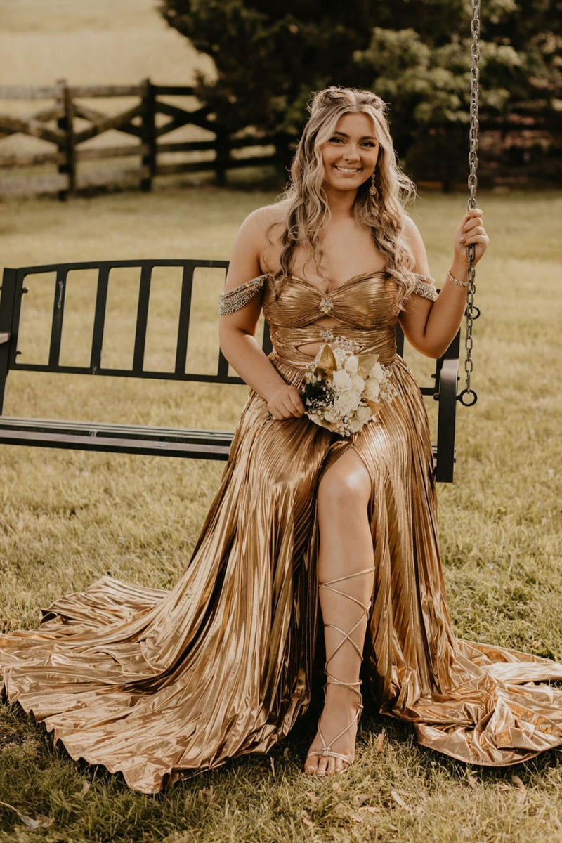Off the Shoulder Gold Metallic Pleated Long Formal Gown