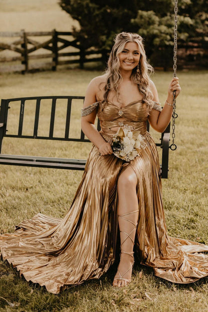 Off the Shoulder Gold Metallic Pleated Long Formal Gown