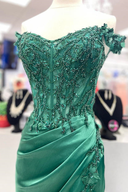Off the Shoulder Green Beaded Appliques Long Formal Dress
