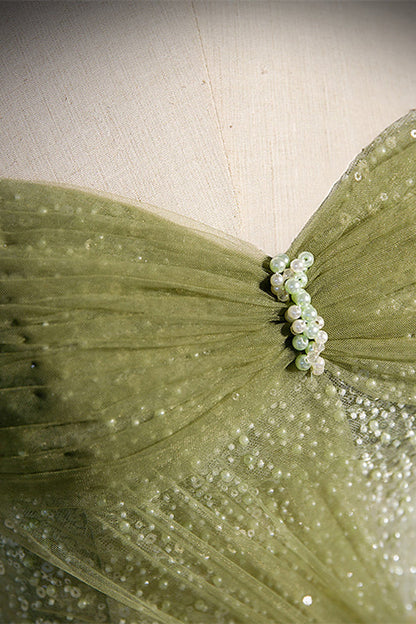 Off the Shoulder Green Tulle A-line Fairy Long Formal Dress