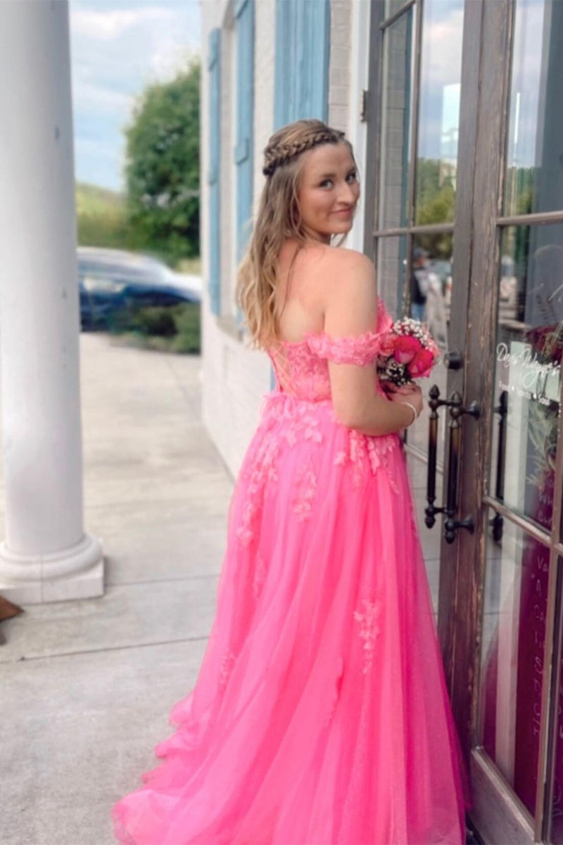 Off the Shoulder Hot Pink Appliques A-line Long Dress