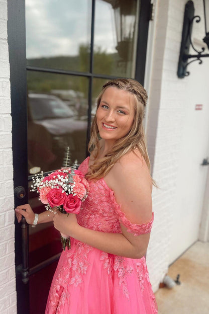 Off the Shoulder Hot Pink Appliques A-line Long Dress