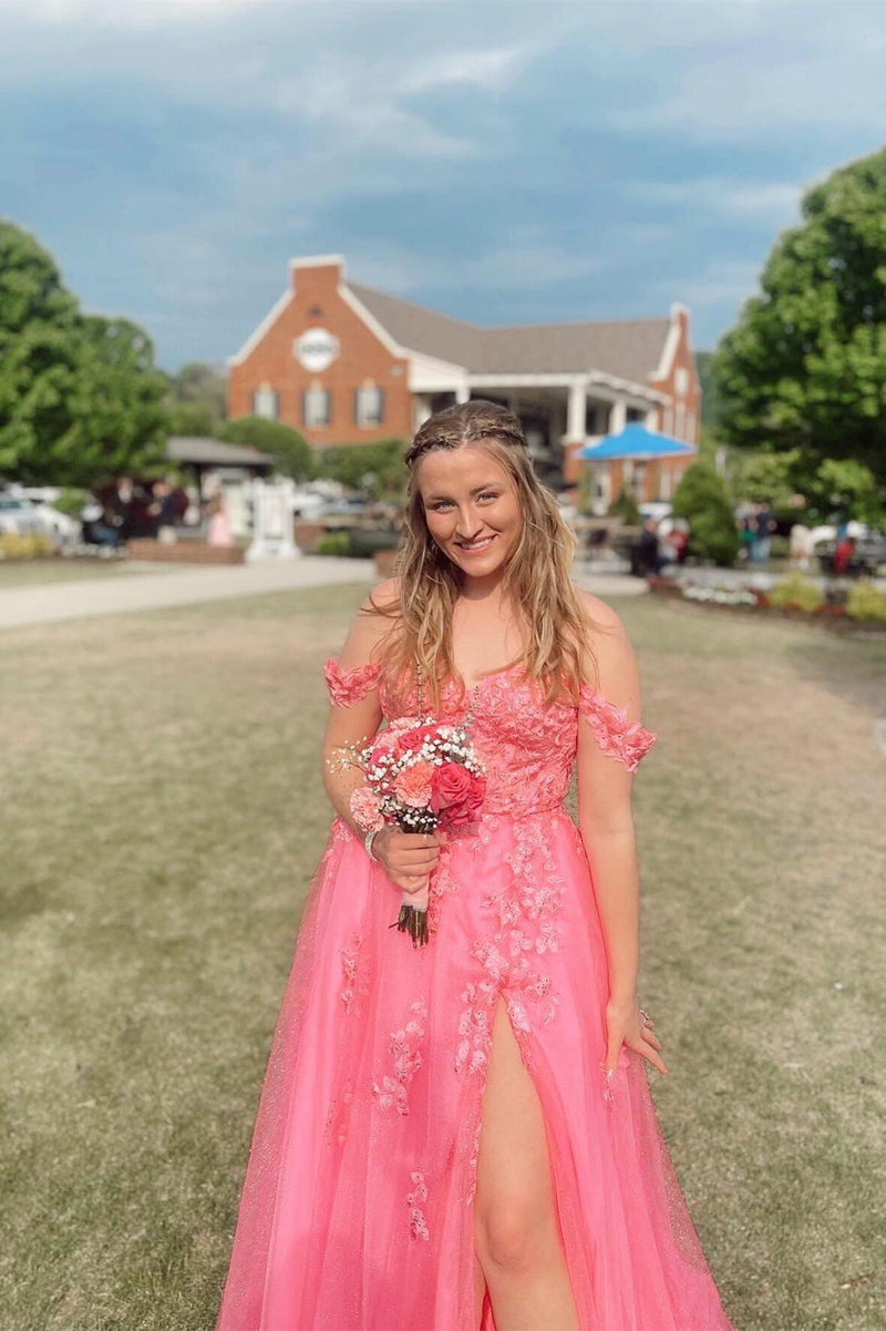 Off the Shoulder Hot Pink Appliques A-line Long Dress