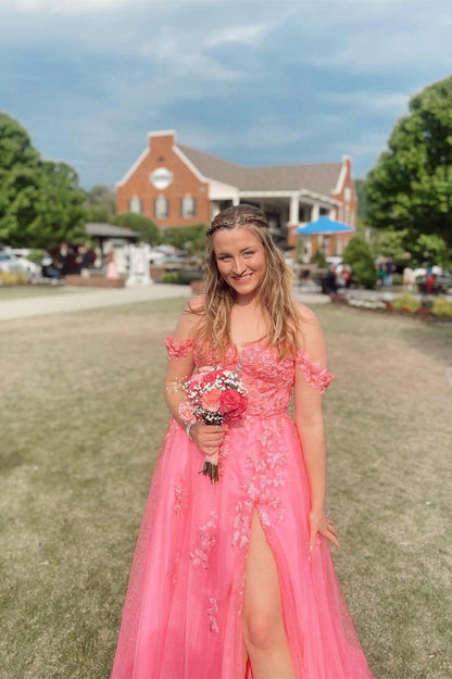 Off the Shoulder Hot Pink Appliques A-line Long Dress