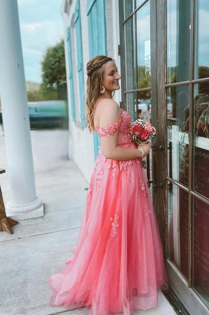 Off the Shoulder Hot Pink Appliques A-line Long Dress