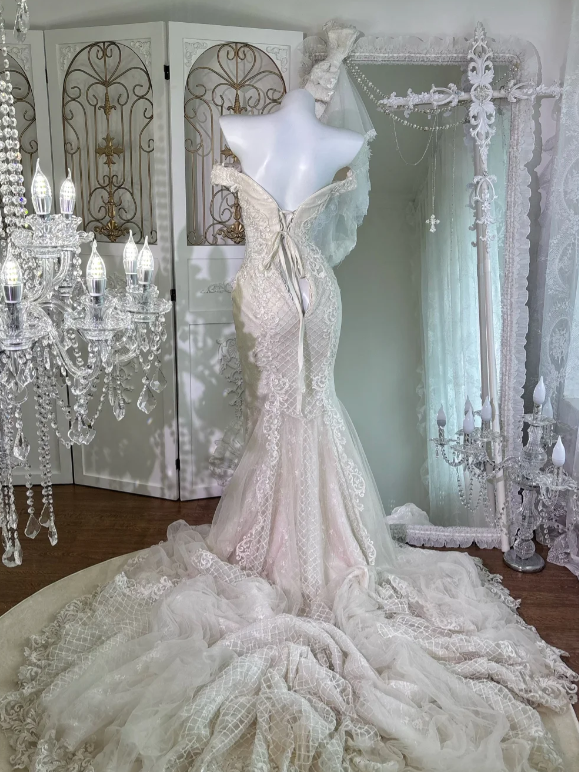 Off The Shoulder Lace Wedding Dress Ivory Wedding Gown