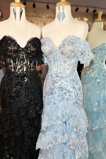 Off the Shoulder Light Blue Appliques Tiered Ruffle Long Prom Dress