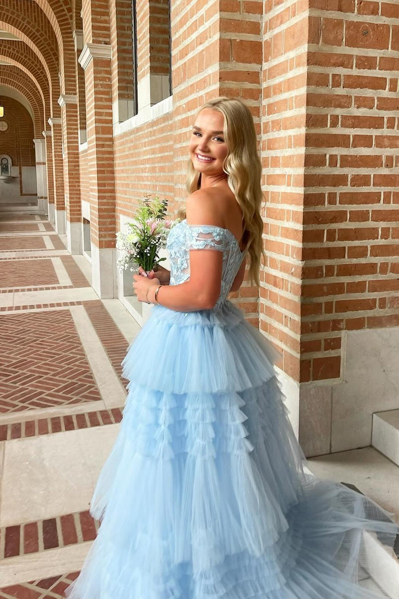 Off the Shoulder Light Blue Tulle Tiered Prom Dress