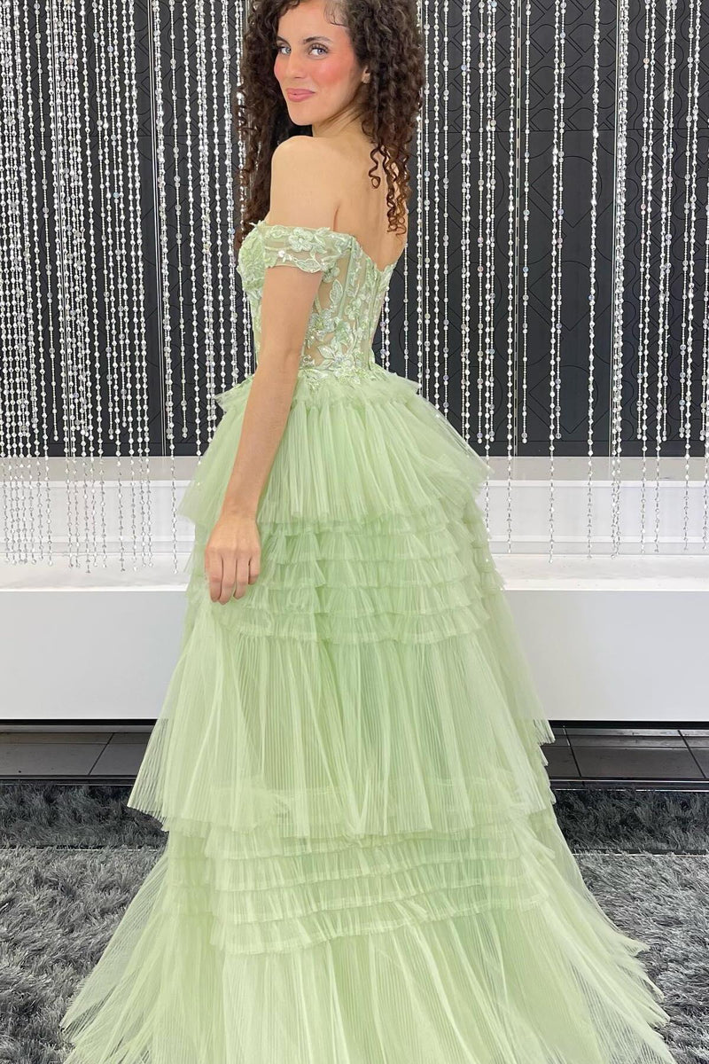 Off the Shoulder Light Blue Tulle Tiered Prom Dress