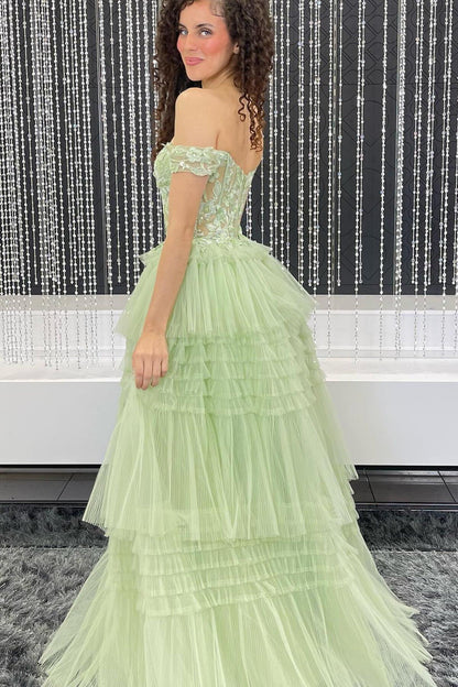 Off the Shoulder Light Blue Tulle Tiered Prom Dress