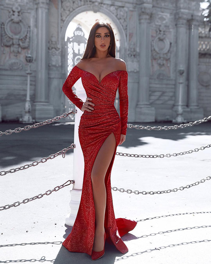 Off-the-Shoulder Long Sleeve Prom Dress Mermaid with Appliques